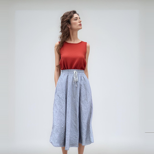 High Waist A-Line Linen Skirt, Elastic Band Fit, Casual Midi Skirt with Pockets for Everyday Wear