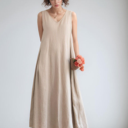 Sleeveless Linen Maxi Dress, Custom Oversized Boho Design, Soft Plus Size Outfit For Summer And Fall Seasons, Minimalist Linen Outfit