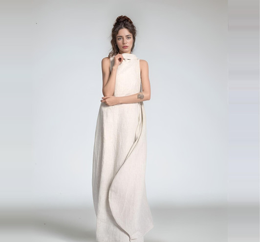 High Neck Linen Maxi Dress, Boho Cocoon Silhouette, Loose Fit Summer Outfit, Minimalist Linen Outfit, Linen Outfit