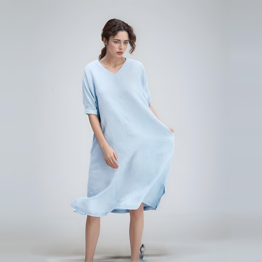 Linen V-Neck Midi Dress – Loose Fit Shift Dress with Half Sleeves – Minimalist Casual Summer Outfit