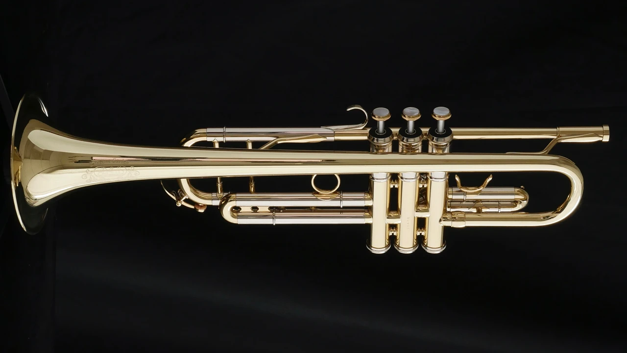 Adams A2 Selected Series trumpet in lacquer partial top view