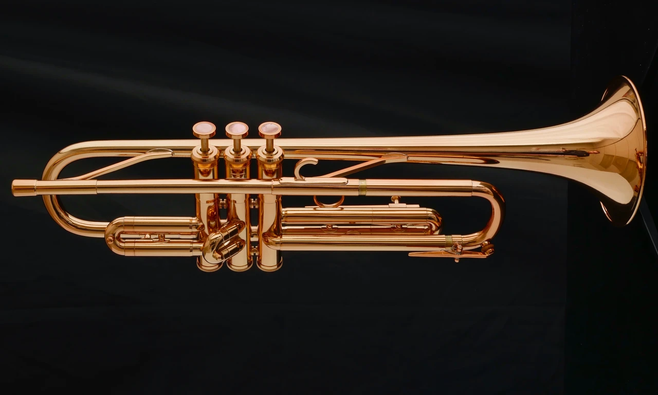 Adams A9 Selected Series trumpet in copper lacquer (large bore) partial top view