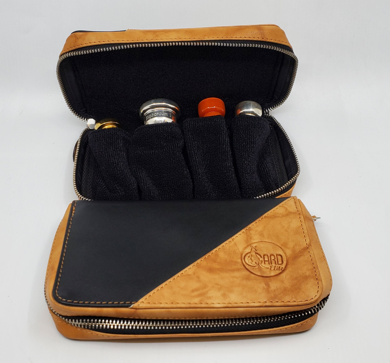 Gard Elite Quadruple Mouthpiece Pouch in Black Leather with Tan 