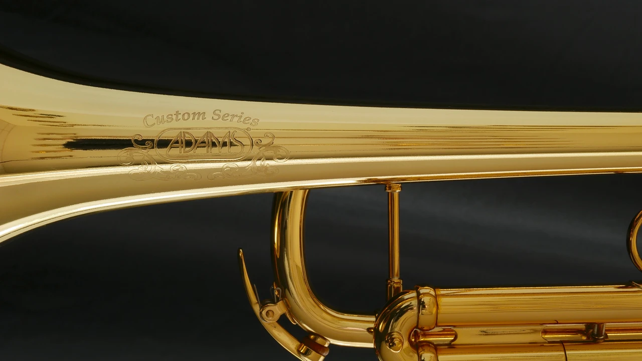 Adams A5 Selected Series trumpet in gold lacquer logo