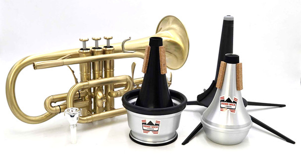 Brass Band Bundle! ACB Doubler's Dual Trigger Large Bore Shepherd's Crook Cornet, ACB Fab cornet mouthpiece, DW Straight, DW Cup mute, Care kit, and stand!
