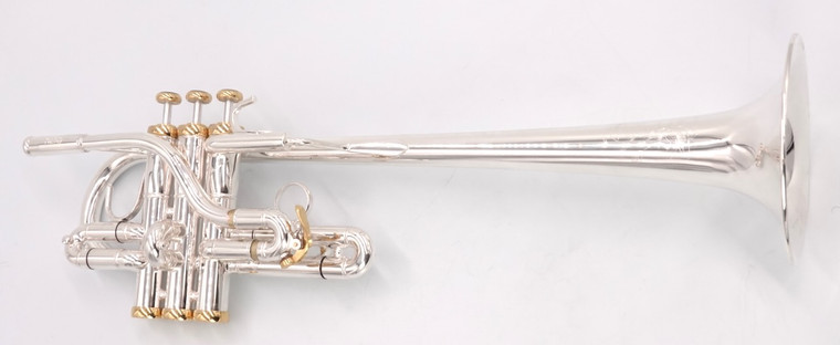 Incredible bargain!  The Y-Fort  742 Long Bell Eb/D Trumpet in silver with gold trim