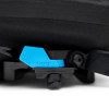 Close-up of the blue LinQ latch on the base of the roll-top bag