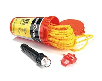 Sea-Doo Safety Equipment Kit 295100330 with yellow heaving line, bailer canister, torch and whistle
