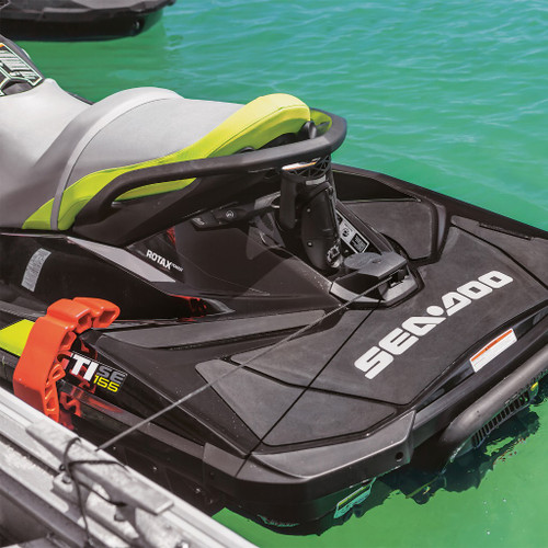 Sea-Doo Speed Tie mooring line with orange housing attached to a dock at the stern