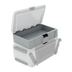 LinQ 51 L cooler extension in grey, lid open, stacked on a cooler