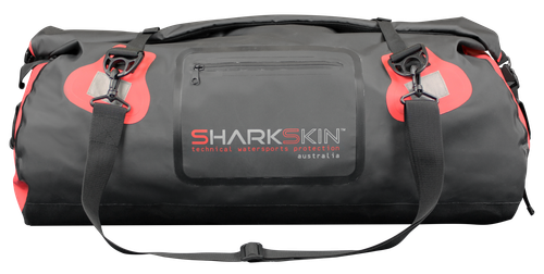 Sharkskin Performance Dry Duffle Bag 70L in black with red trim and carry straps