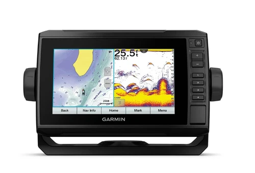 Garmin ECHOMAP UHD2 72sv 7-inch GPS 295101264 on bail mount, split chart and sonar screen
