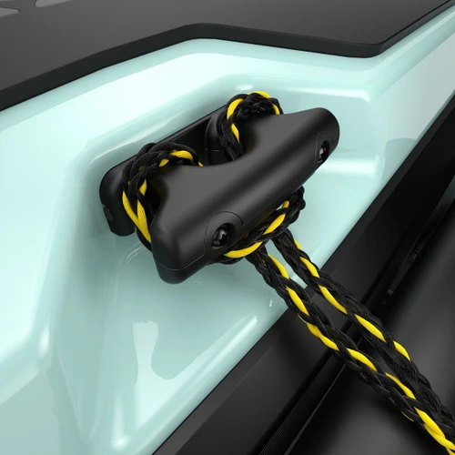 Tow point cleat adaptor fitted to the rear eyelet with a looped yellow and black rope