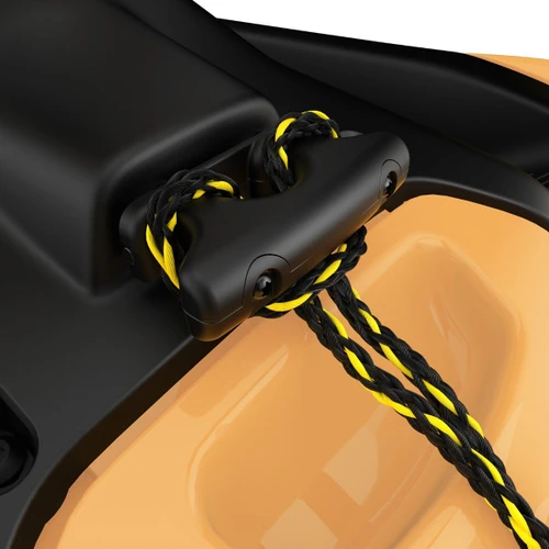 Tow point cleat adaptor holding a rope on the stern of an orange Sea-Doo