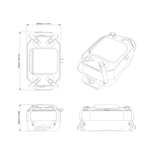 Sea-Doo LinQ 20 L Semi-Rigid Cooler 295101252 dimension drawing, top, side and front views