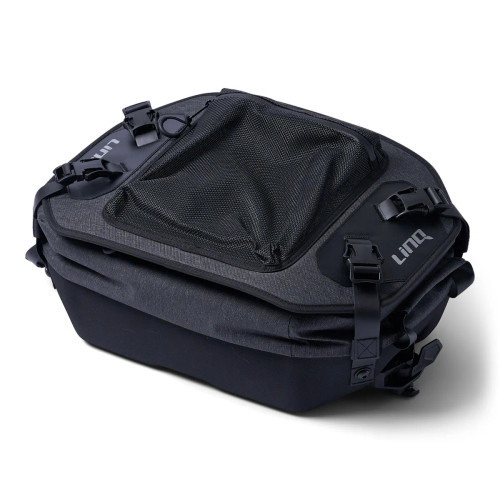 LinQ 20 L semi-rigid cooler in black, angled view with mesh lid pocket