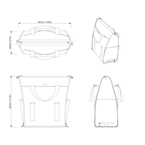 Sea-Doo LinQ 32 L Insulated Tote Bag 295101247 dimension drawing, front, side and top views