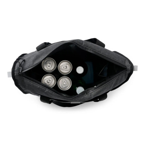 LinQ insulated tote bag from above, open with cans and drinks inside