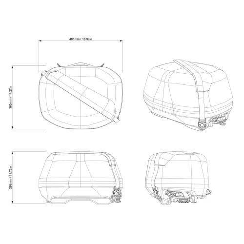 LinQ 40 L roll-top bag dimension drawing, front, side and top views