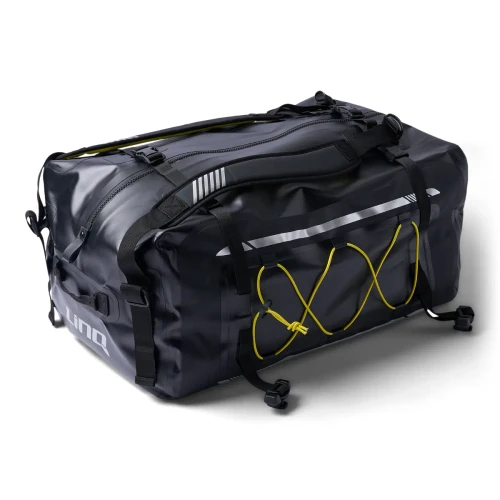LinQ 100 L Explorer Bag closed, with yellow bungee cords across the top