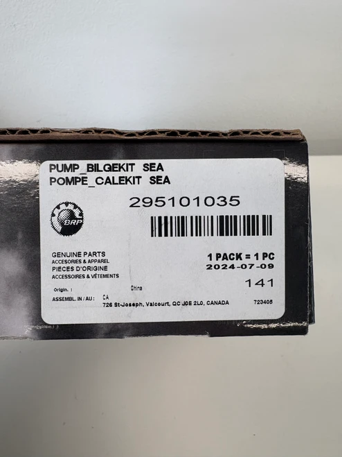 Sea-Doo bilge pump kit box end label with part number and barcode