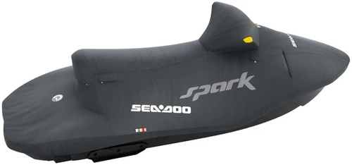 Black trailering cover on a Sea-Doo Spark 3-up, angled view showing the Spark logo