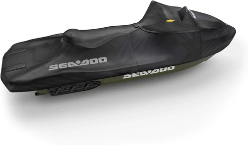 Black Sea-Doo trailering cover fitted to a FishPro, side view