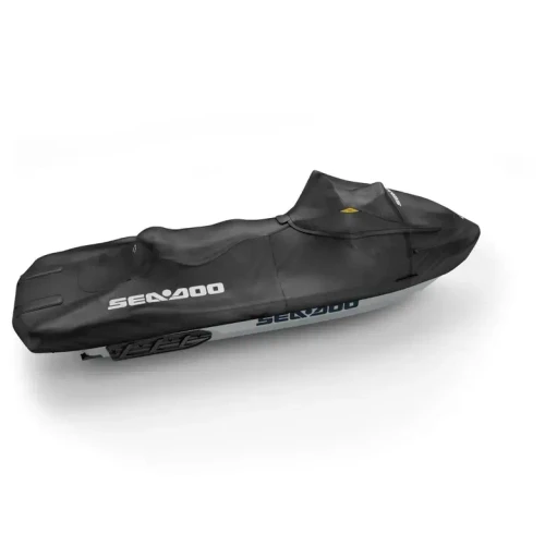 Sea-Doo FishPro trailering cover, side view showing the fitted shape over the rear rack
