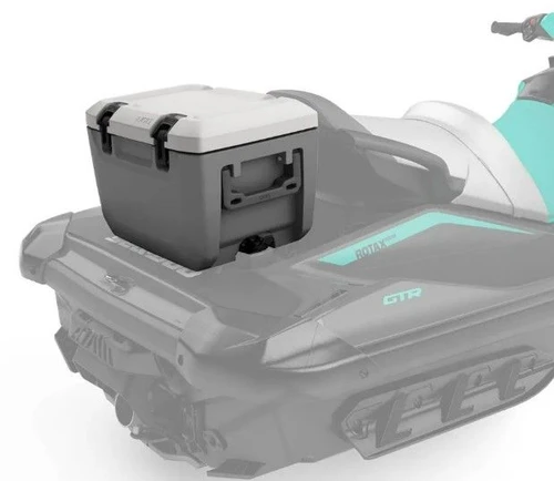 Sea-Doo LinQ 20 L Cooler 295101257 in grey mounted on the rear deck of a Sea-Doo GTX
