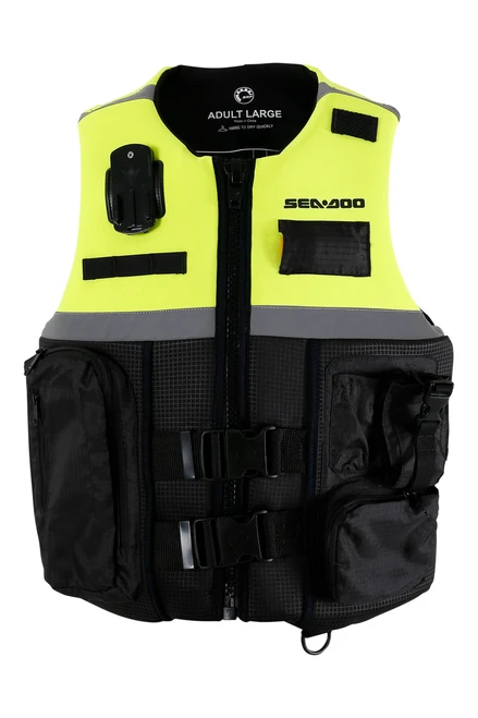 Sea-Doo Adventure L50 life jacket in yellow and black, front view with pockets