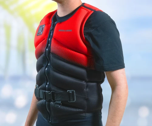 Rider wearing the Sea-Doo X-RS L50 life jacket 287013-30 in red and black, front view