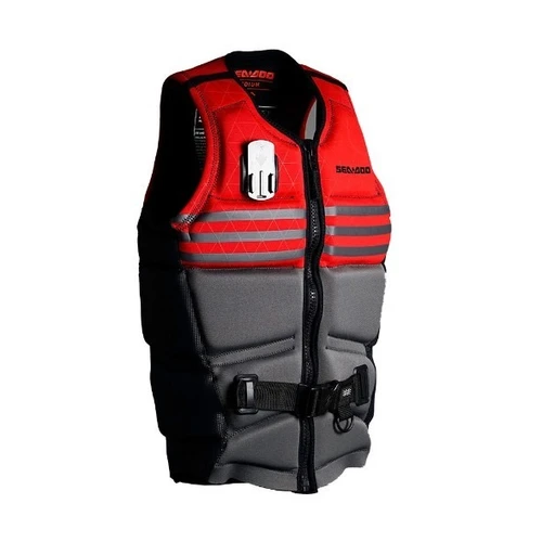 Sea-Doo X-RS L50 life jacket in red and grey, angled side view