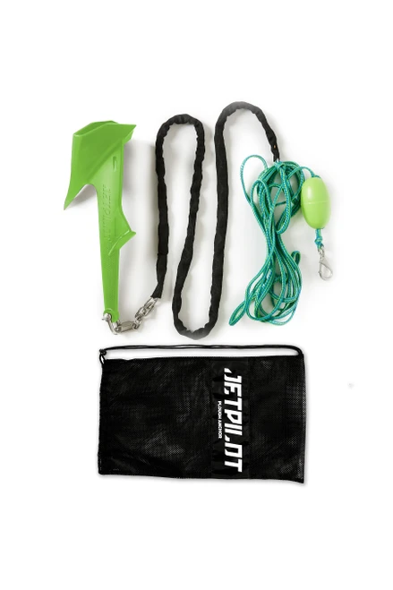 Jetpilot Plough Anchor Kit JA23001GN in green with chain, rope, float and mesh storage bag