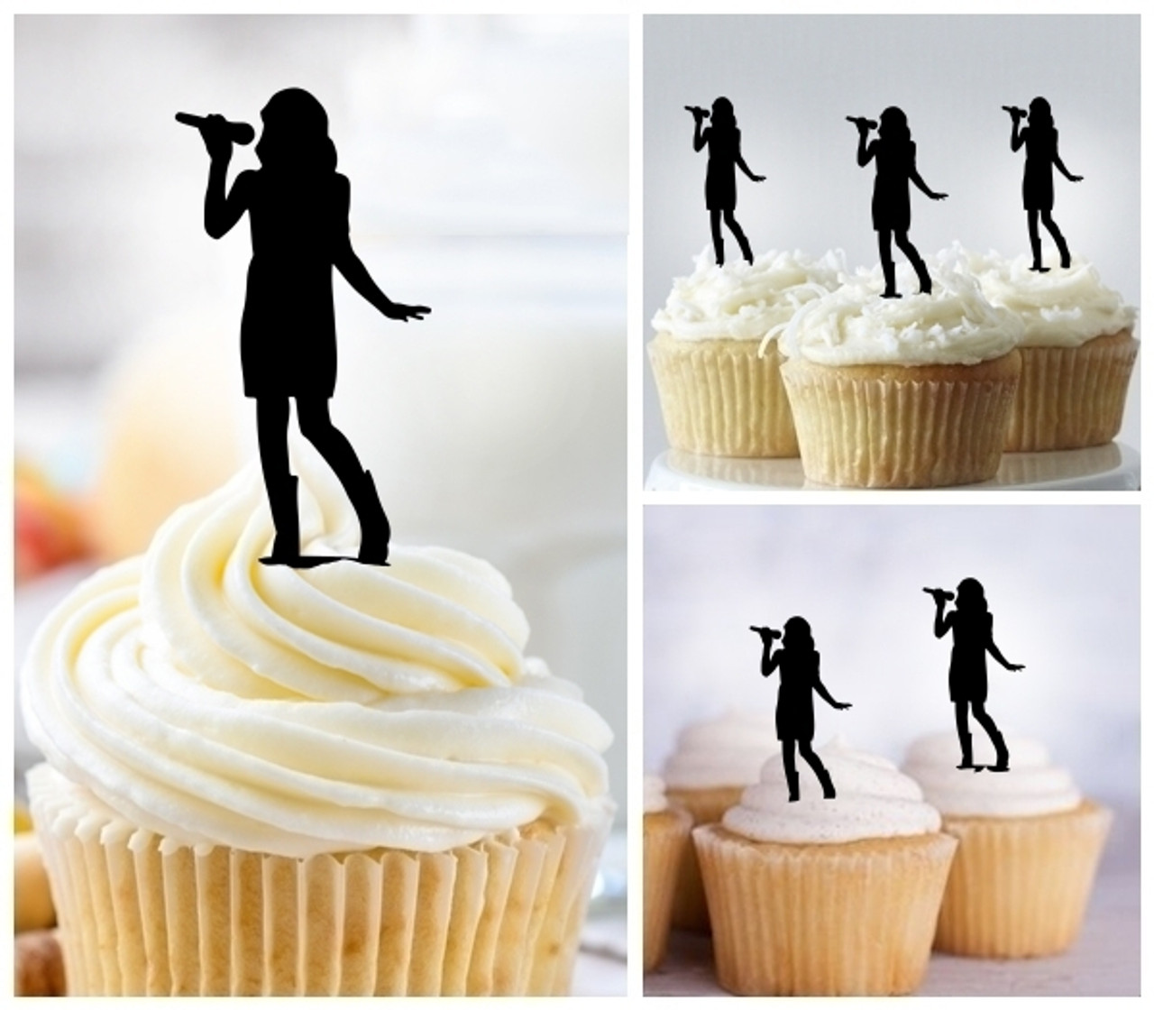 Ta1015 Girl Music Singer Silhouette Party Wedding Birthday Acrylic Cupcake Toppers Decor 10 Pcs