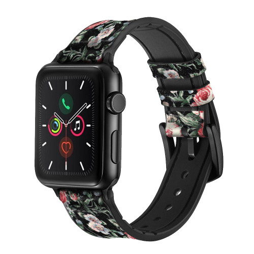 CA0421 Vintage Rose Pattern Leather & Silicone Smart Watch Band Strap For Apple Watch iWatch