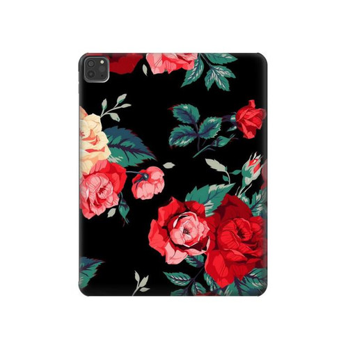 S3112 Rose Floral Pattern Black Hard Case For iPad Pro 11 (2021,2020,2018, 3rd, 2nd, 1st)