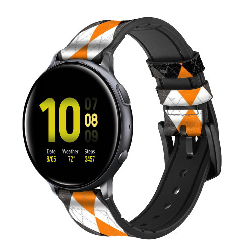 CA0722 Black Orange White Argyle Plaid Leather & Silicone Smart Watch Band Strap For Samsung Galaxy Watch, Gear, Active