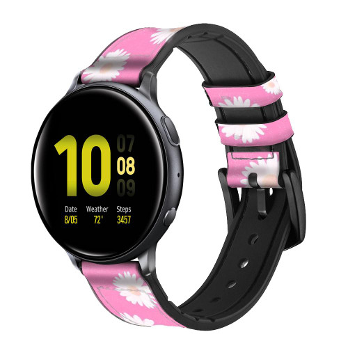 CA0792 Pink Floral Pattern Leather & Silicone Smart Watch Band Strap For Samsung Galaxy Watch, Gear, Active