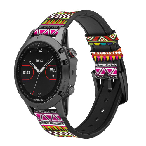 CA0258 Aztec Tribal Pattern Leather & Silicone Smart Watch Band Strap For Garmin Smartwatch