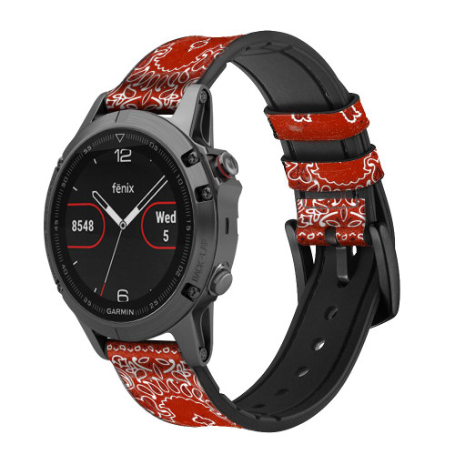 CA0669 Bandana Red Pattern Leather & Silicone Smart Watch Band Strap For Garmin Smartwatch