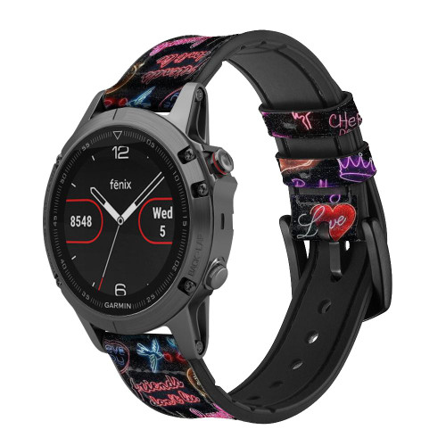 CA0731 Vintage Neon Graphic Leather & Silicone Smart Watch Band Strap For Garmin Smartwatch