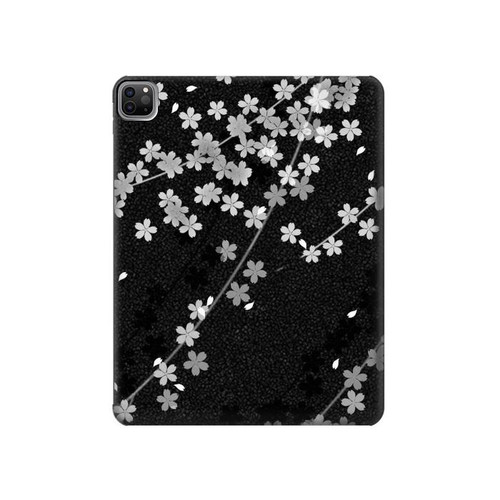 S2544 Japanese Kimono Style Black Flower Pattern Hard Case For iPad Pro 12.9 (2022,2021,2020,2018, 3rd, 4th, 5th, 6th)