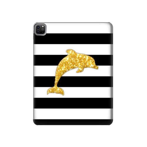S2882 Black and White Striped Gold Dolphin Hard Case For iPad Pro 12.9 (2022,2021,2020,2018, 3rd, 4th, 5th, 6th)