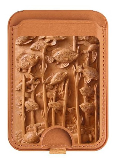 S1307 Fish Wood Carving Graphic Printed Magnetic Card Holder Wallet Stand with MagSafe for iPhone 16 15 14 13 Pro Max