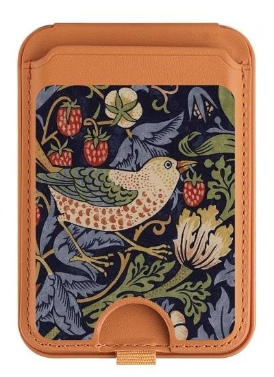 S3791 William Morris Strawberry Thief Fabric Magnetic Card Holder Wallet Stand with MagSafe for iPhone 16 15 14 13 Pro Max