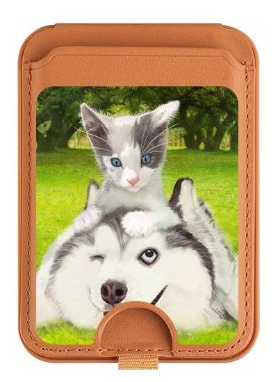 S3795 Kitten Cat Playful Siberian Husky Dog Paint Magnetic Card Holder Wallet Stand with MagSafe for iPhone 16 15 14 13 Pro Max