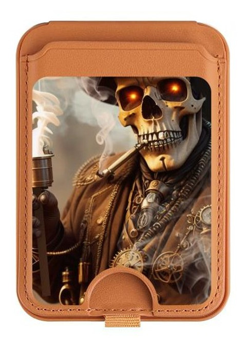 S3949 Steampunk Skull Smoking Magnetic Card Holder Wallet Stand with MagSafe for iPhone 16 15 14 13 Pro Max
