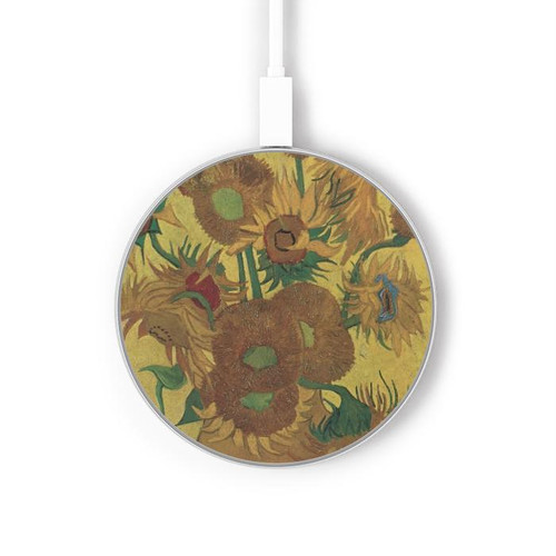 S0214 Van Gogh Vase Fifteen Sunflowers Wireless Charger Pad 15W Type-C iPhone Android LED Light Charging Station