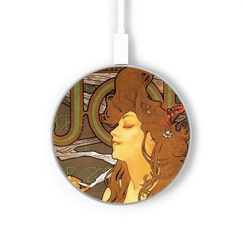 S0969 Alphonse Mucha Job Wireless Charger Pad 15W Type-C iPhone Android LED Light Charging Station
