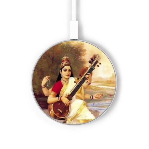 S1420 Saraswati Hindu Goddess Wireless Charger Pad 15W Type-C iPhone Android LED Light Charging Station
